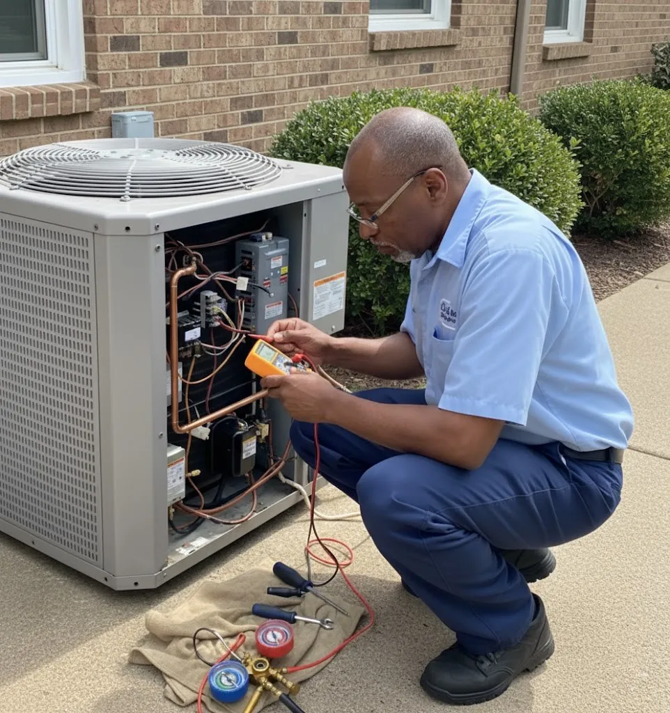 Técnico utilizando un manómetro en una unidad exterior de aire acondicionado
