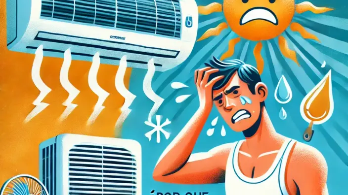 Ilustración de un aire acondicionado con un técnico y señales de falta de frío