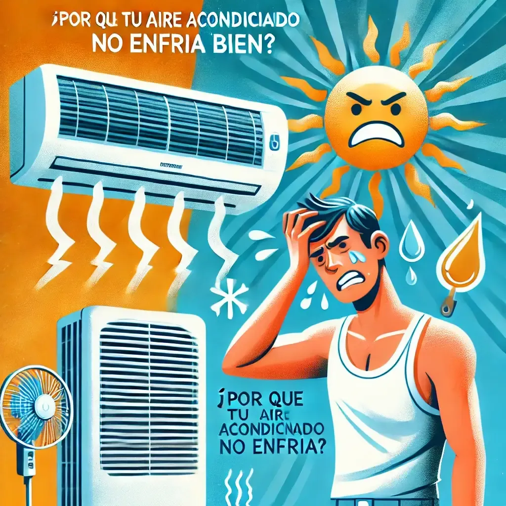 Ilustración de un aire acondicionado con un técnico y señales de falta de frío