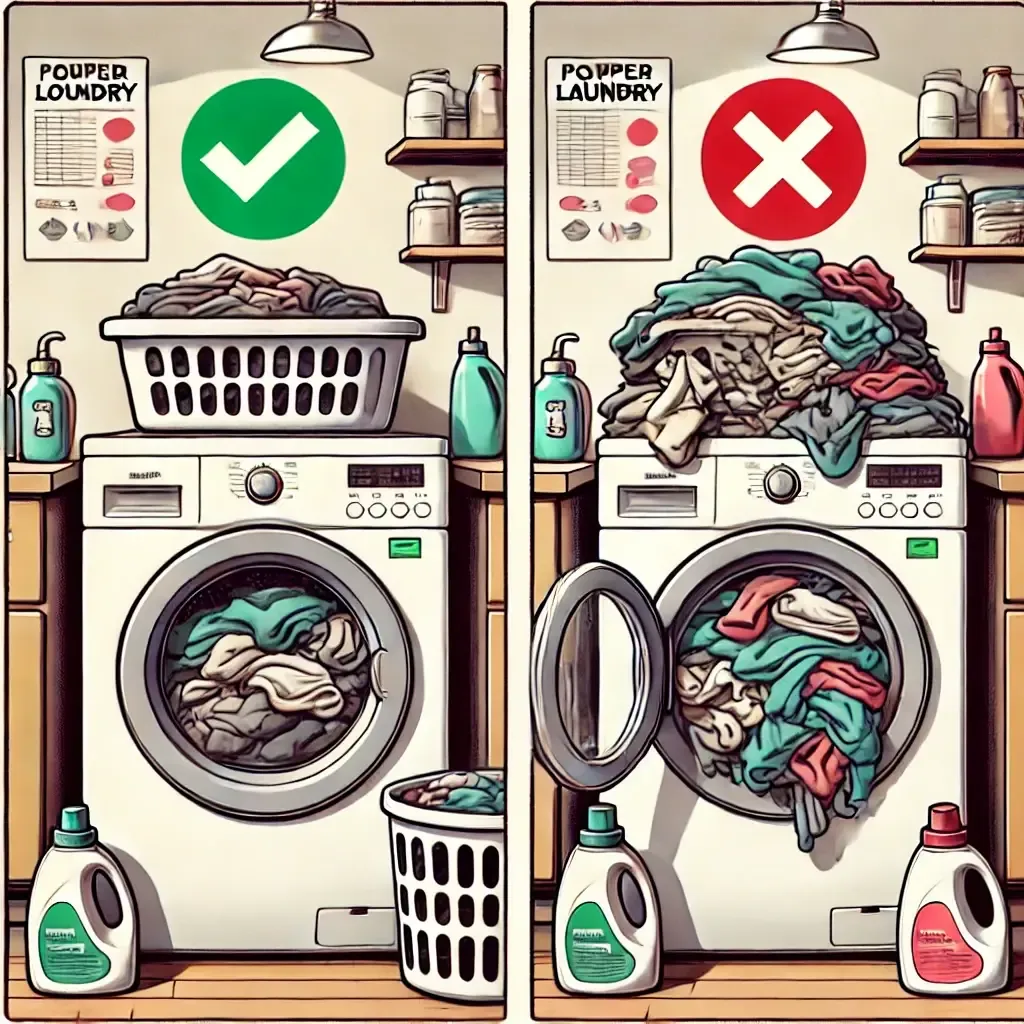Ilustración de dos lavadoras: una con carga adecuada y otra sobrecargada
