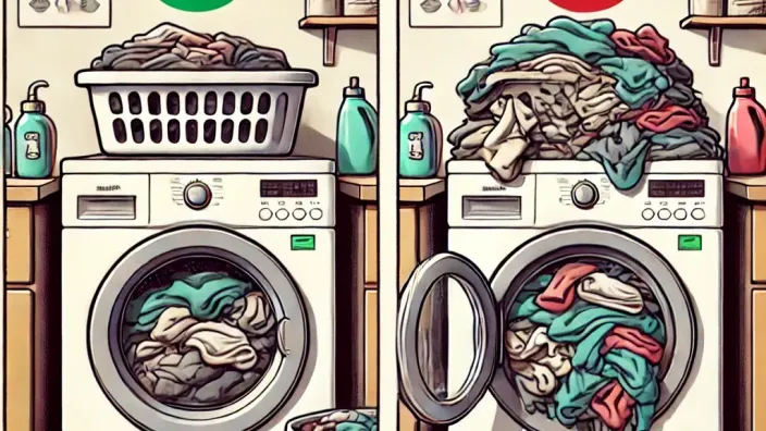 Ilustración de dos lavadoras: una con carga adecuada y otra sobrecargada