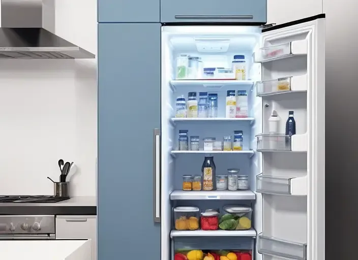 Interior de una nevera abierta con alimentos organizados